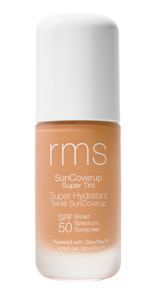 A bottle of RMS SunCoverup Super Tint with SPF 50, in beige color, labeled as a super hydrating sunscreen.