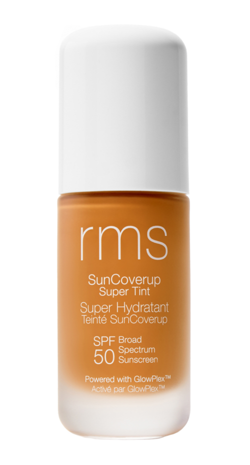 A bottle of RMS SunCoverup Super Tint with SPF 50, orange color, and white cap.