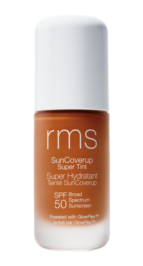 A brown sunscreen bottle with a white cap, labeled 'rms SunCoverup Super Tint SPF 50'.