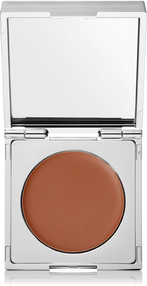 A compact makeup mirror with a brown blush or powder inside.
