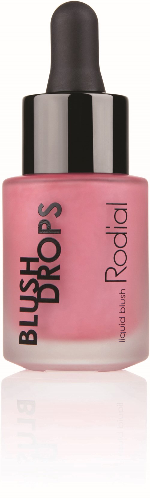 Pinkki nesteainliuospullo, jossa musta pipettikorkki ja etiketti lukee "Blush Drops" ja "Rodial."
