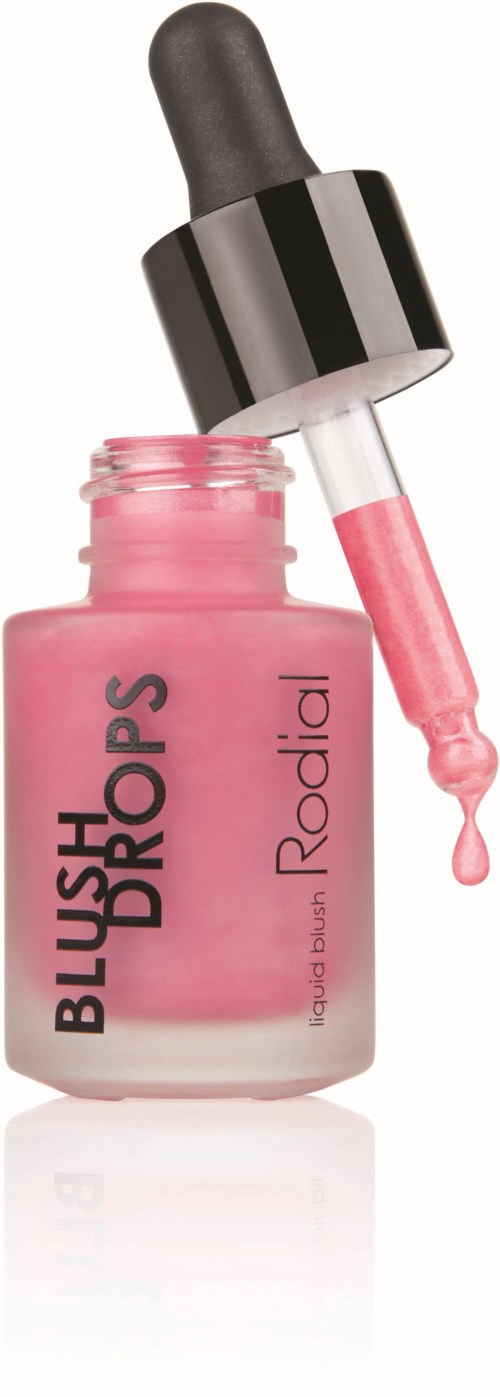 Pinkki nestemäinen poskipuna pienessä pullossa pipetillä, merkitty "BLUSH DROPS Rodial."