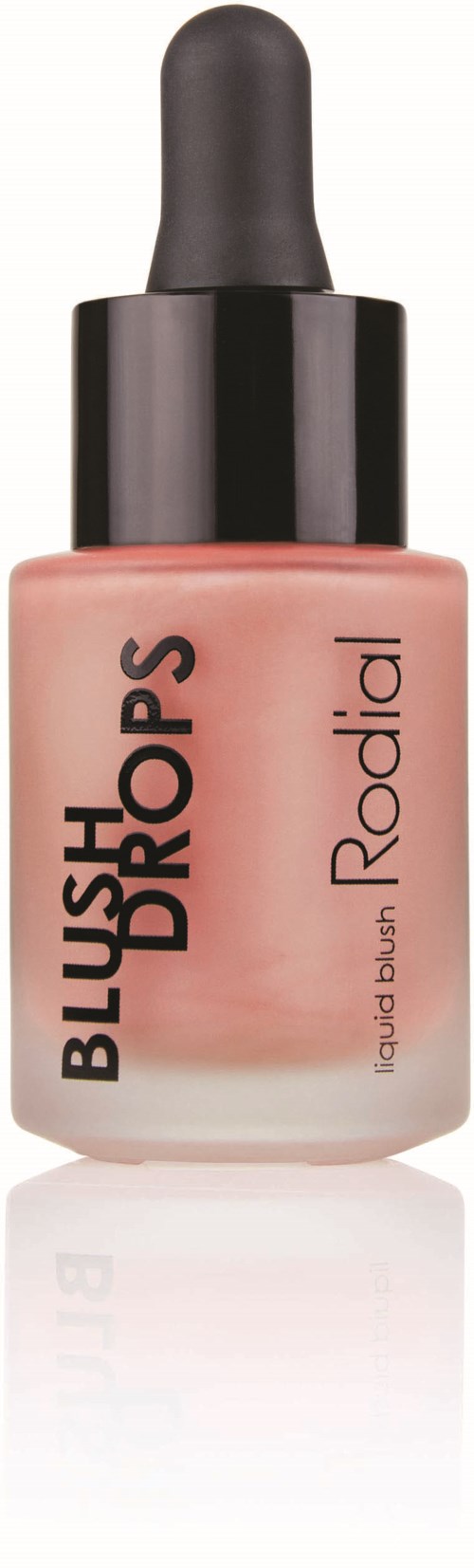 A small bottle of liquid blush with a black cap, labeled "BLUSH DROPS" and "Rodial".