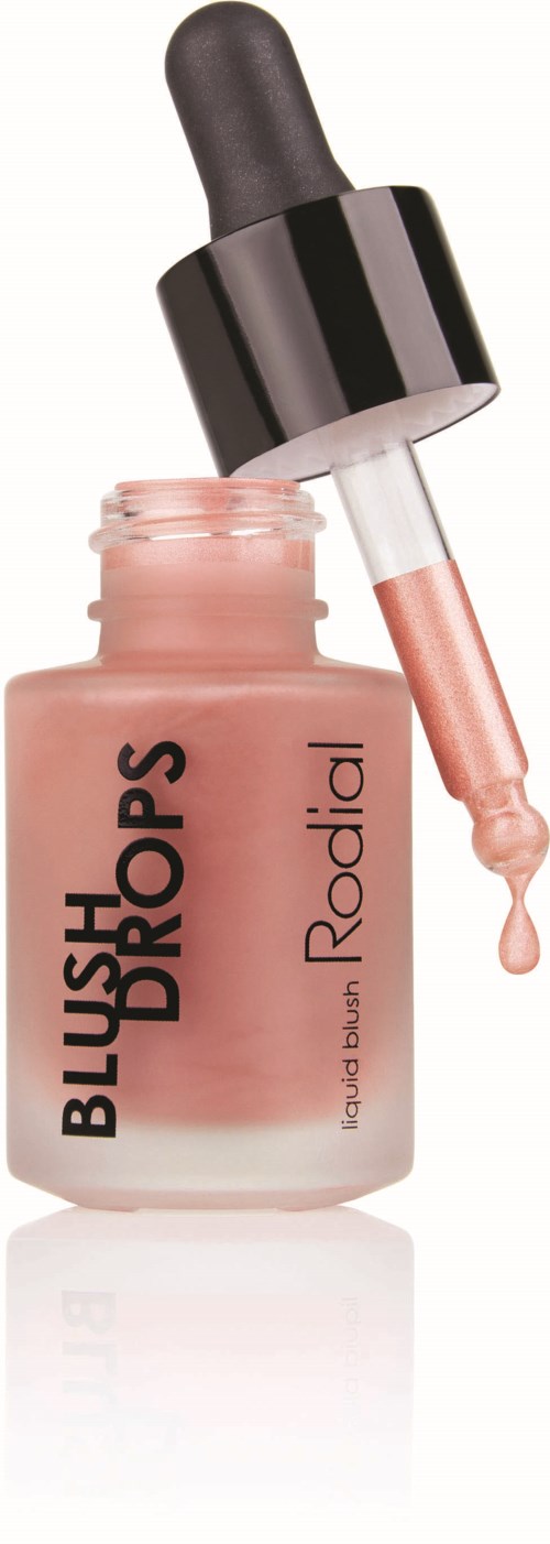A pink liquid in a glass bottle with a black cap and a dropper. The label says 'Blush Drops' and 'Radical'.