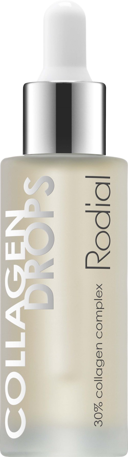 Een witte huidverzorgingsserumfles met pipet, labeled 'Collagen Drops' en '30% collagen complex'.