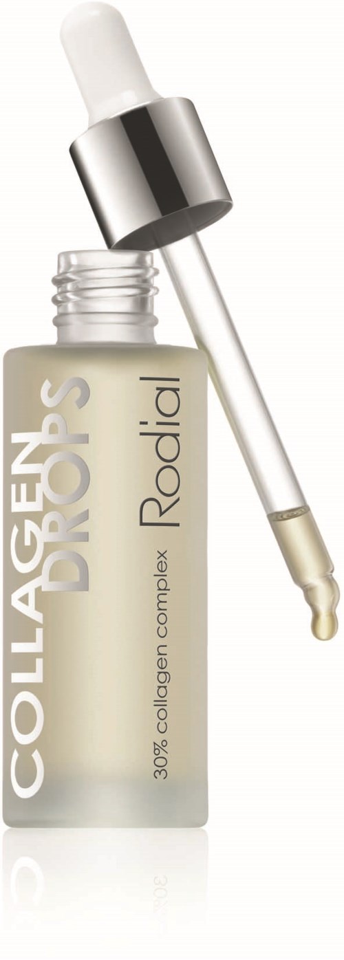 Een huidverzorgingsserumbidon met pipet, gelabeld Collagen Drops, Radial, 30% collageencomplex.