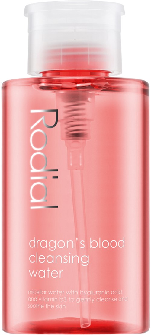 A pink transparent bottle with a dropper, labeled 'Royal dragon's blood cleansing water.'