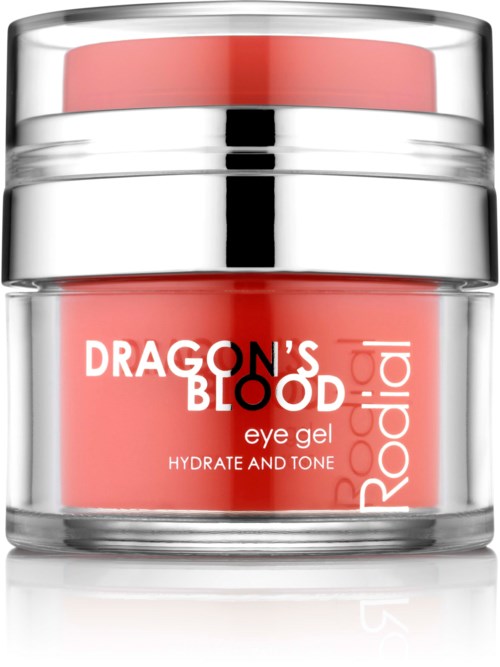 A small jar of pink eye gel labeled 'Dragon's Blood' for hydration and toning. It has a silver lid.