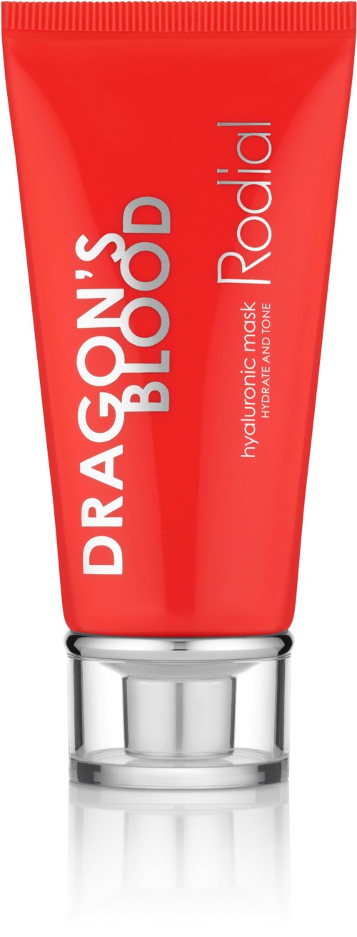Red tube with white text for Dragon's Blood Hyaluronic Mask, designed for face skincare.