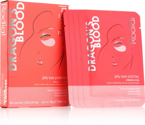 Bright pink packaging with white text and an illustration of a woman's face with eye patches.