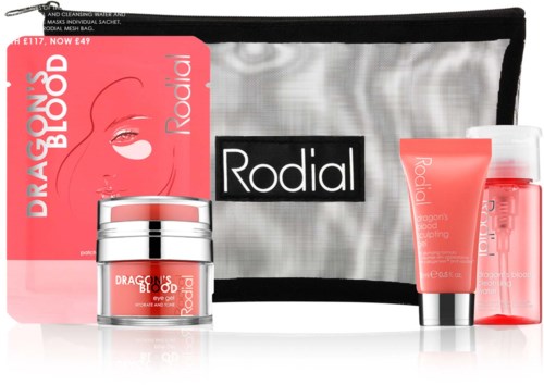 Set of skincare products with pink and silver packaging, labeled 'Dragon's Blood' and 'Radial'.