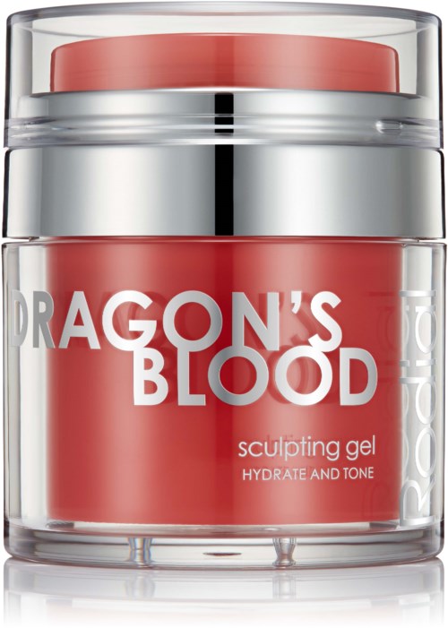 A jar of red sculpting gel labeled 'Dragon's Blood,' meant for hydrating and toning skin.
