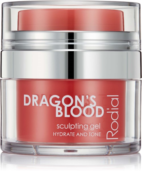 A jar of Dragon's Blood sculpting gel with a red-orange color, labeled as hydrating and toning, by Rodial.