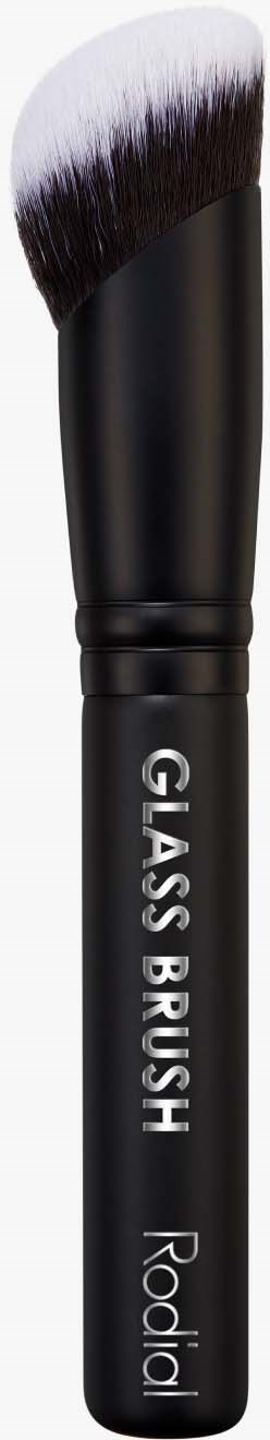 A black makeup brush with white bristles, labeled 'Glass Brush' by Rodial.