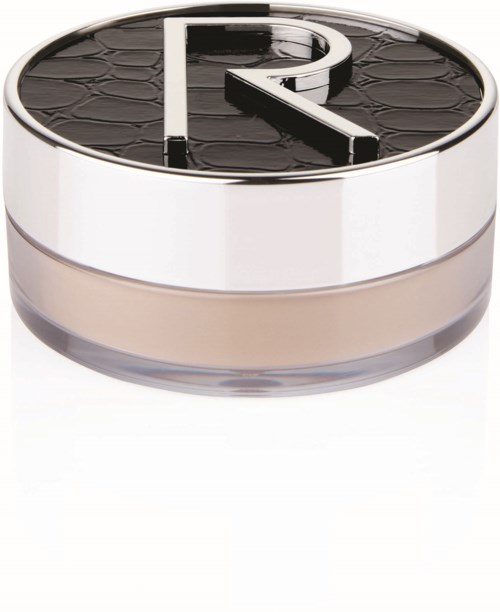 A round container with a black top and a large silver letter 'R' inside. The top has a textured pattern.