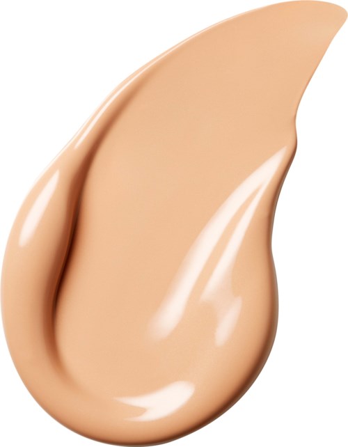 En beige-lakkert flytende foundation med en glatt, kremaktig tekstur og en spiss, skinnende utseende.