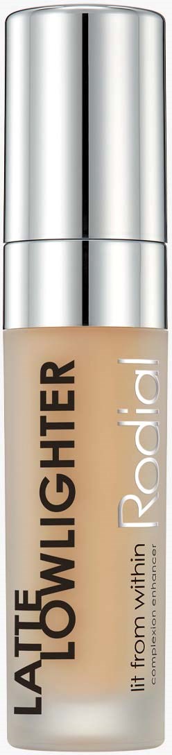 A small bottle with beige liquid and a shiny silver cap, labeled "LATTE LOWLIGHTER" and "Radiance".