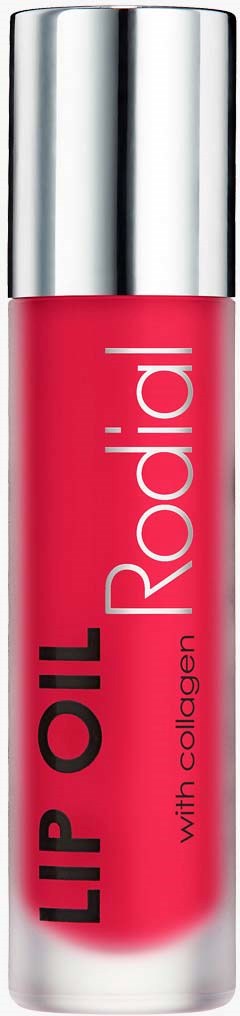 Vaaleanpunainen huulirasva läpinäkyvässä putkivseudussa, jossa on hopeinen korkki. Etikettissä lukee "Lip Oil with Collagen Radian".