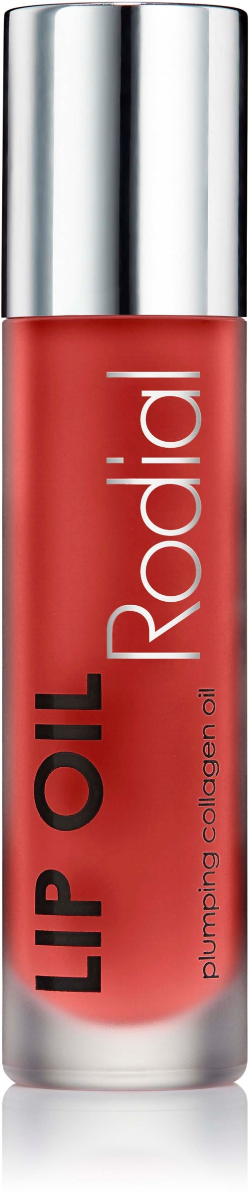 A lip gloss bottle with red color, silver cap, and black text reading "LIP OIL" and "Rodial."
