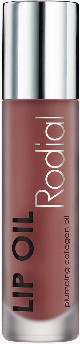 Huulikiilto pullossa, jossa hopeinen korkki, teksti 'LIP OIL RADIANT' ja 'plumping collagen oil.'