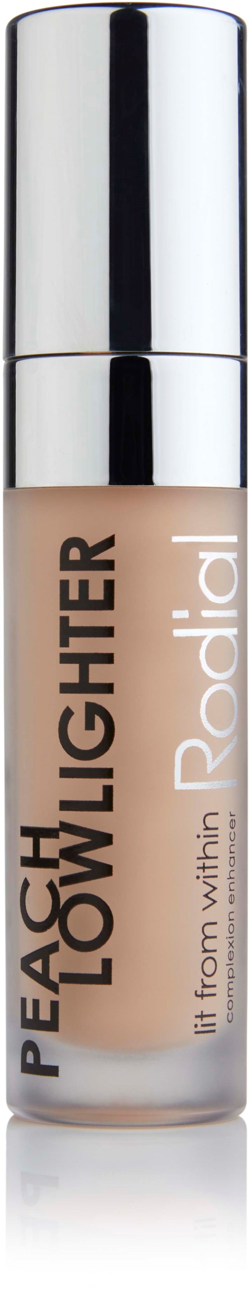 A bottle of Peach & Glow Highlighter with a silver cap and clear body showing the liquid inside.