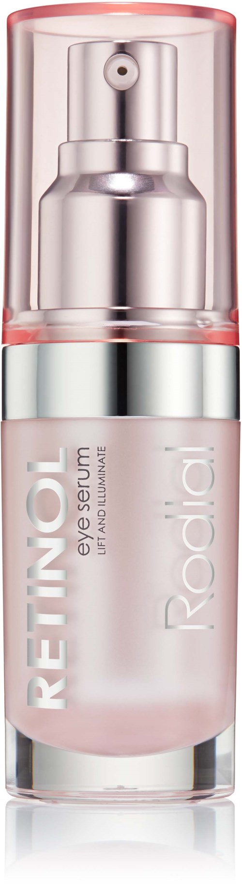 A small bottle of ReFingol eye serum, with a clear cap, pink liquid, and white and silver label.