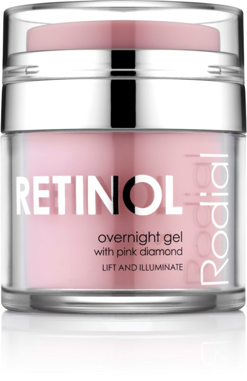 A pink jar of retinol overnight gel with a silver lid, labeled for lifting and illuminating the skin.