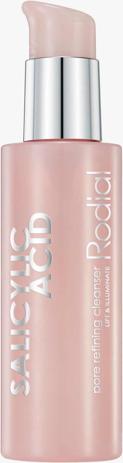 En rosa flaska av ansiktsrengöring med silverlock och vit pump, märkt 'SALICYLIC ACID' och ' pore refining, clearer, smoother'.