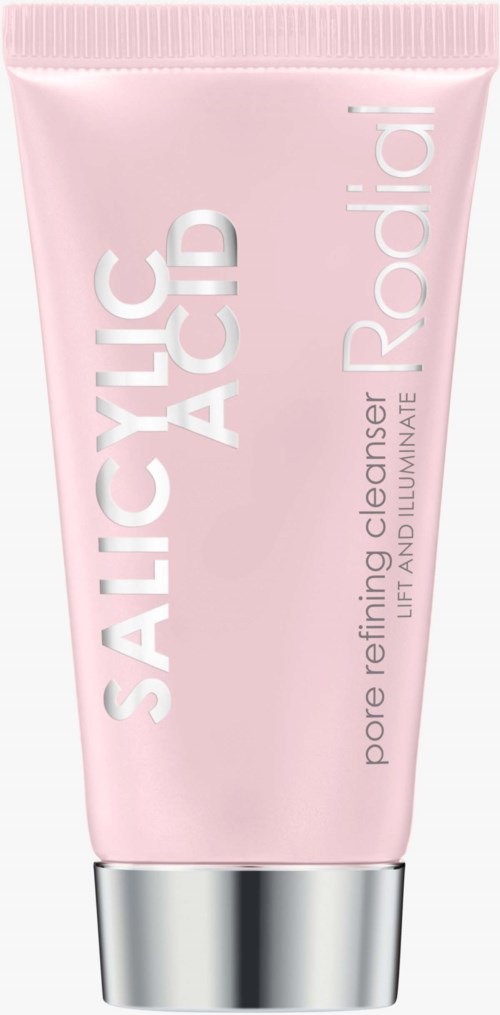 Pink tube of skincare product with silver cap, labeled 'Saltic Acid', for pore refining and brightening.