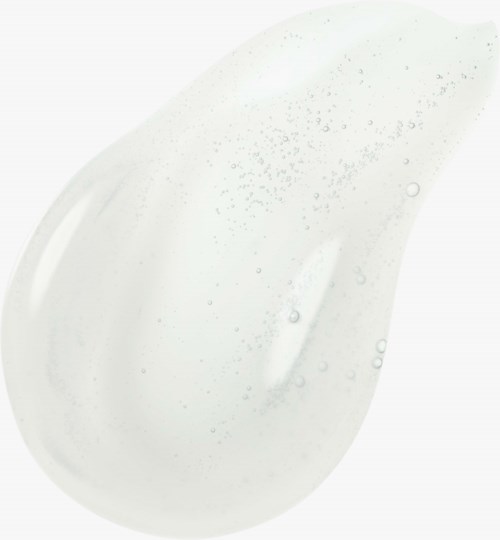 A clear gel with small bubbles, likely a skincare or cosmetic product, on a white background.