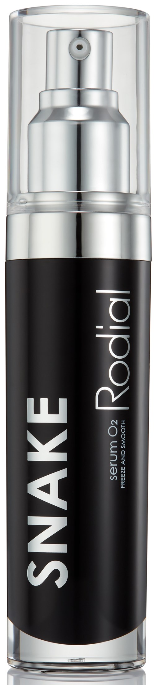 A black and silver pump bottle labeled 'SNAKE' and 'Radial' for serum or skincare.