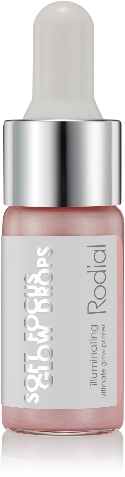 Kleine fles met pipethouder, gemarkeerd 'Rodial Soft Bloom Lip'. Het bevat roze vloeistof.