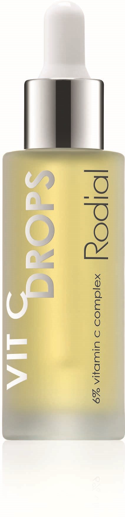 A small bottle with a dropper, labeled as Vitamin C serum for skin, in light yellow color.