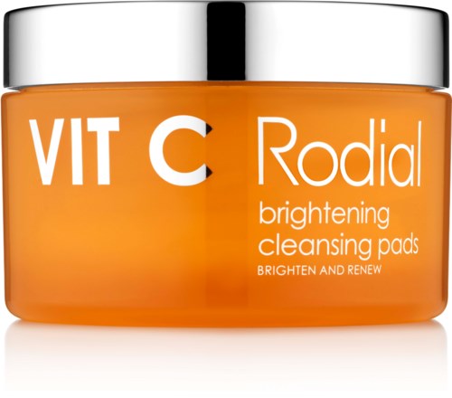 Oranje pot met zilverkleurige dop, gemarkeerd VIT C Rodia verhelderende reinigingspads, voor huidvernieuwing.
