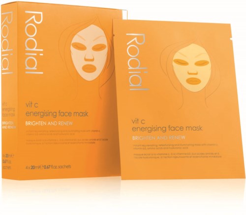 Oranje verpakking met gezichtsmaskerillustratie, tekstlabels voor 'Rodiail', 'vit C' en 'verkwikkende gezichtsmasker'.