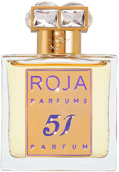Ein Parfümflasche mit großem, dekoriertem Kristall-ähnlichem Deckel und Etikett mit 'Roja Parfums 51 Parfum'.