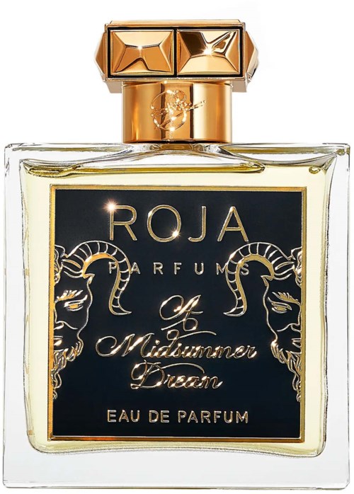Ein Parfümflasche mit schwarzem Etikett, goldener Kappe und dekorativen Seiten, beschriftet 'ROJA PARFUMS' und 'Midummer Dream.'