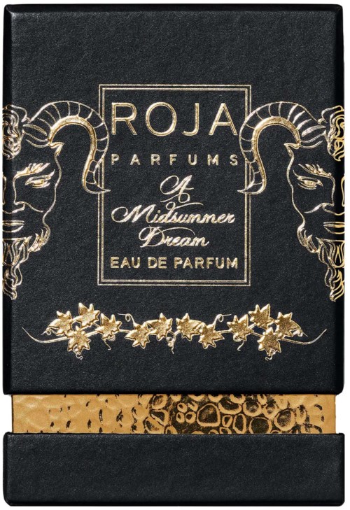Ein schwarzer Karton mit goldenen Dekorationsgesichtern, Logo und Text für Roja Parfums Midnight Dream Parfüm, inklusive einem goldenen Sternmuster.