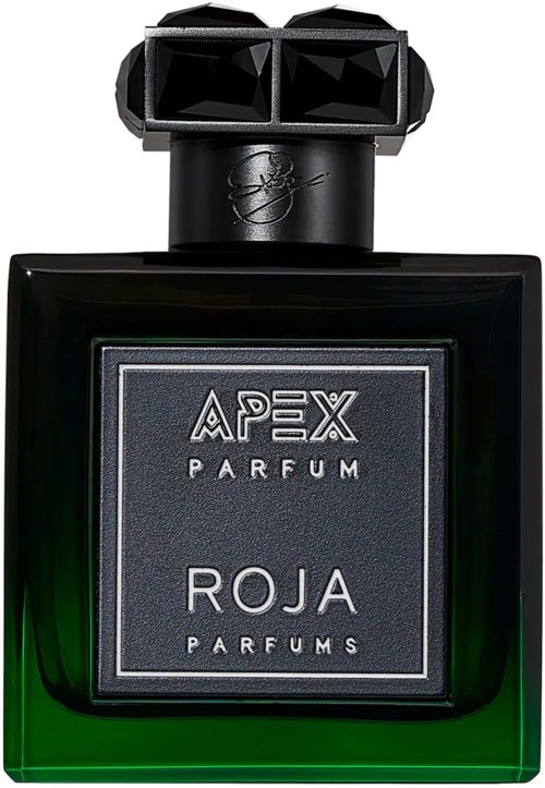 A perfume bottle with black cap, green gradient at the bottom, labeled 'APEX PARFUM ROJA PARFUMS'.