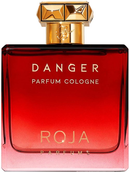 A red and pink perfume bottle with a gold cap. The bottle has the words "DANGER PARFUM COLOGNE" and "ROJA".