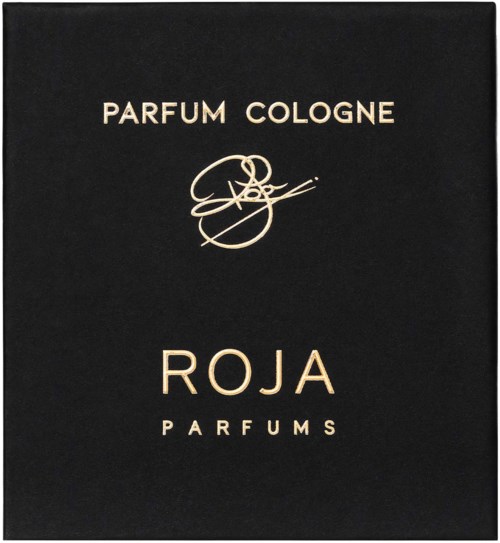A black box with gold text: 'Parfum Cologne Roja Parfums' and a signature-like logo.