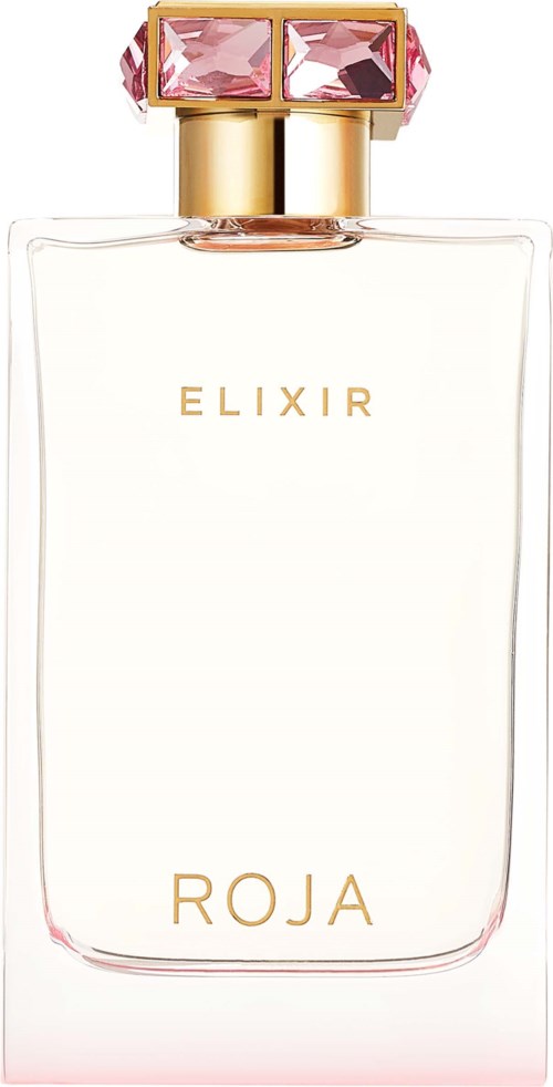 A perfume bottle with a pink and gold cap, labeled 'ELIXIR ROJA' in gold letters.