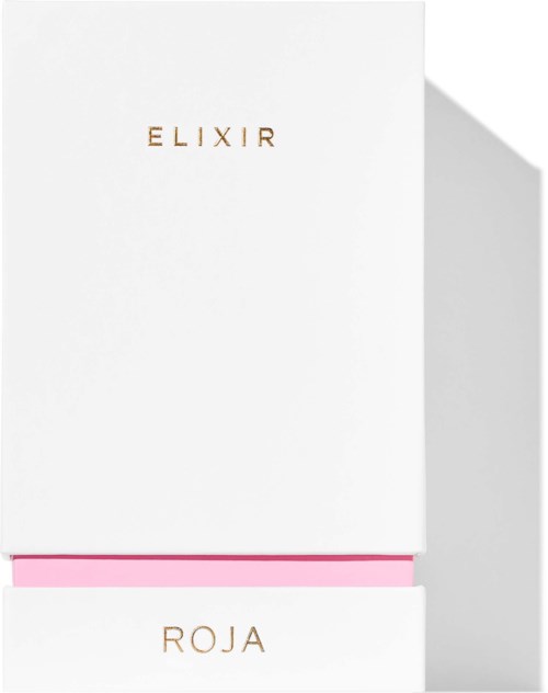 A white box with the names "ELIXIR" and "ROJA" in gold, and a pink band near the bottom.