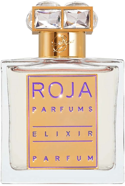 Ein Parfümflasche mit goldener Kappe, lila Etikett und großer schmuckähnlicher Dekoration oben.