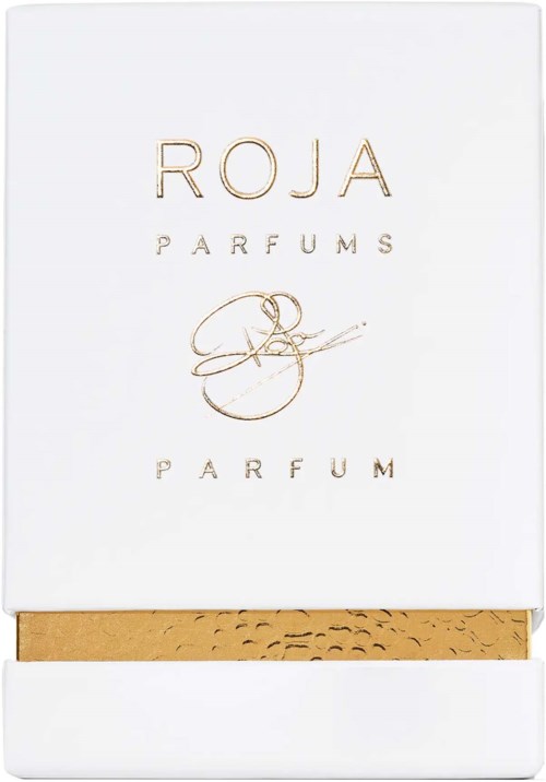 Eine weiße Box mit goldener Schrift und Goldstreifen, mit der Aufschrift 'ROJA PARFUMS PARFUM' und Unterschriftendesign.
