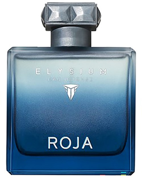Blå flaska med silverlock, märkt 'ROJA' och 'ELY SIUM EAU DE PARFUM'.