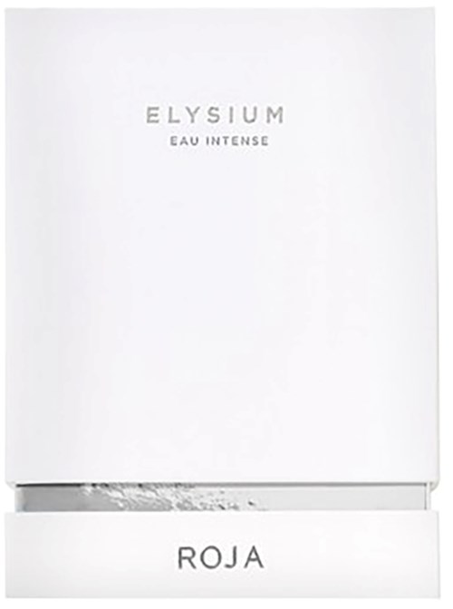 En vit box visar orden 'ELYSIUM EAU INTENSE' och 'ROJA' undertill.