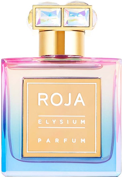Colorful perfume bottle labeled 'ROJA ELYSIUM PARFUM' with a shiny, decorative cap.