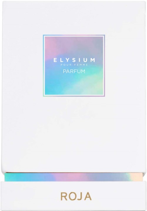 A white box with a colorful holographic label that says 'ELYSIUM for women perfume' and 'ROJA' at the bottom.