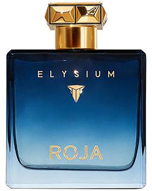 A perfume bottle with a dark blue to light blue gradient, gold cap, and gold text: 'Elysium Roja'.